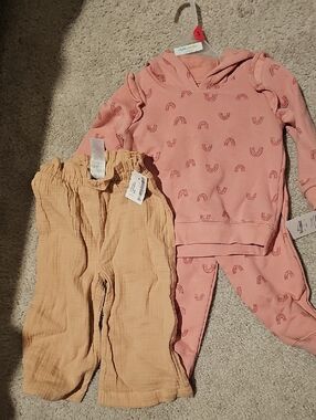 child of mine Pink Rainbow Hoodie with Tan Muslin Pants